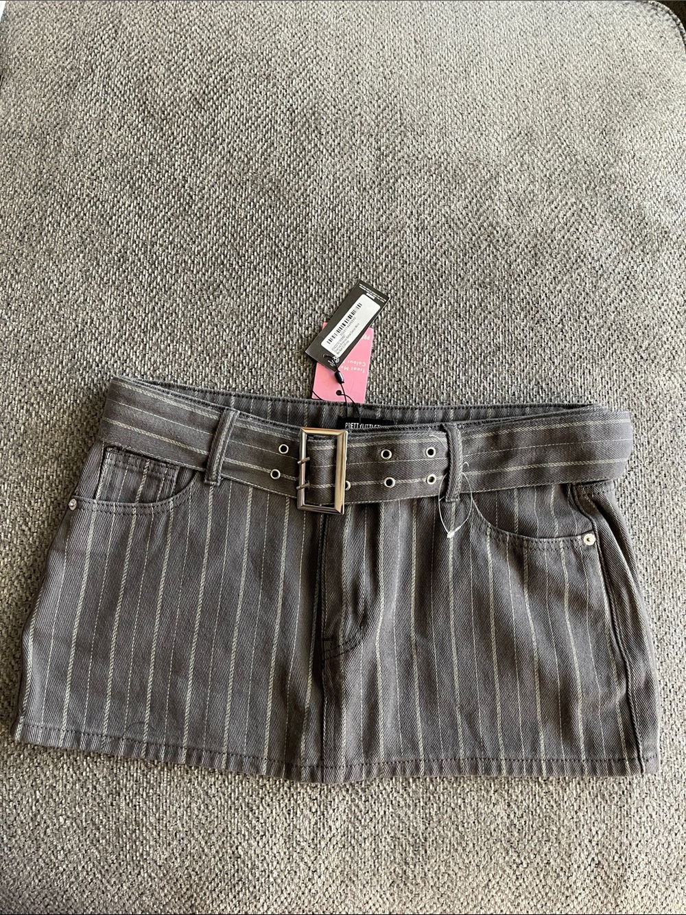 PrettyLittleThing Gray Pinstripe Belted Mini Skirt